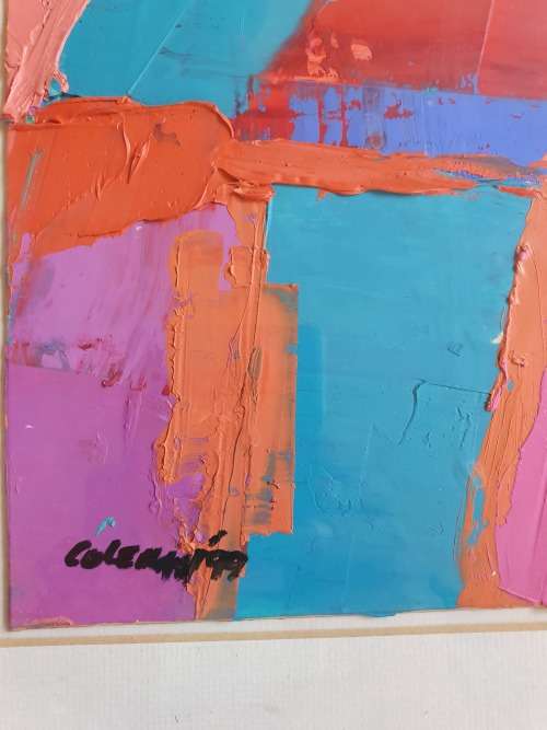 SA ARTIST TREVOR COLEMAN FRAMED OIL ABSTRACT DATED 99 COLOURFUL