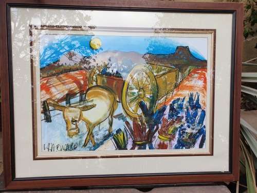 LARGE HEAVY FRAMED MIXED MEDIA ARTWORK BY SA ARTIST LYNETTE BARNARD DONKEY CART