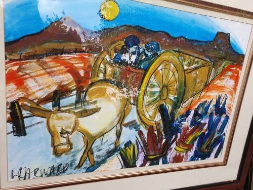 LARGE HEAVY FRAMED MIXED MEDIA ARTWORK BY SA ARTIST LYNETTE BARNARD DONKEY CART