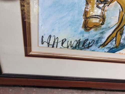 LARGE HEAVY FRAMED MIXED MEDIA ARTWORK BY SA ARTIST LYNETTE BARNARD DONKEY CART
