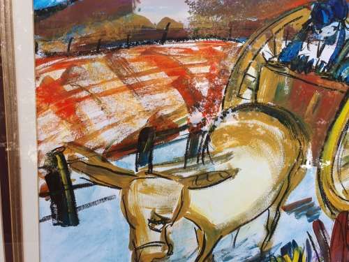 LARGE HEAVY FRAMED MIXED MEDIA ARTWORK BY SA ARTIST LYNETTE BARNARD DONKEY CART
