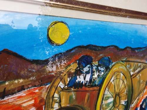 LARGE HEAVY FRAMED MIXED MEDIA ARTWORK BY SA ARTIST LYNETTE BARNARD DONKEY CART