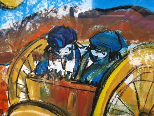 LARGE HEAVY FRAMED MIXED MEDIA ARTWORK BY SA ARTIST LYNETTE BARNARD DONKEY CART