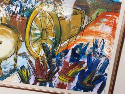 LARGE HEAVY FRAMED MIXED MEDIA ARTWORK BY SA ARTIST LYNETTE BARNARD DONKEY CART