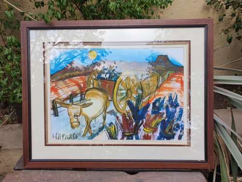 LARGE HEAVY FRAMED MIXED MEDIA ARTWORK BY SA ARTIST LYNETTE BARNARD DONKEY CART