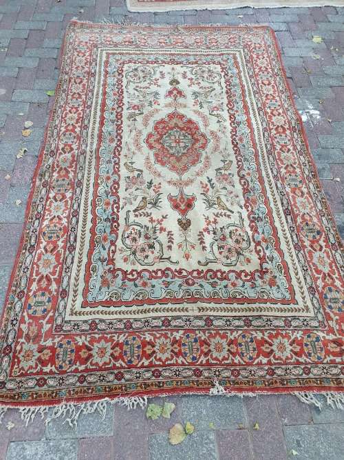 for TanyA VINTAGE EXTREMELY OLD COLLECTABLE QUOM FINELY HAND KNOTTED CARPET BIRDS FLORAL SYMMETRICAL