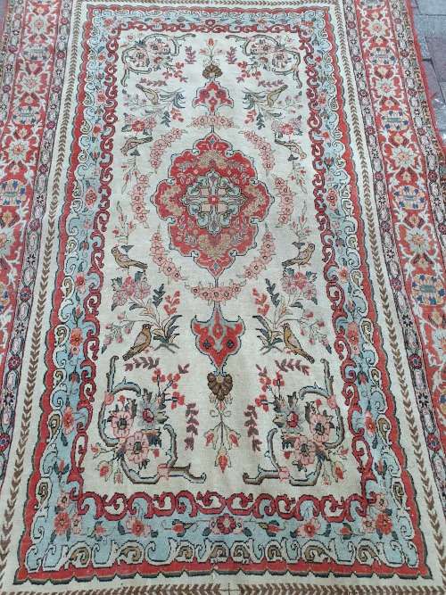 for TanyA VINTAGE EXTREMELY OLD COLLECTABLE QUOM FINELY HAND KNOTTED CARPET BIRDS FLORAL SYMMETRICAL