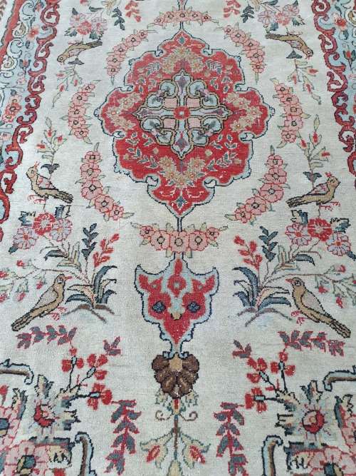 for TanyA VINTAGE EXTREMELY OLD COLLECTABLE QUOM FINELY HAND KNOTTED CARPET BIRDS FLORAL SYMMETRICAL