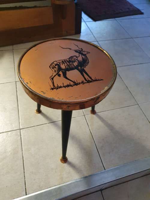 VINTAGE RETRO COPPER OR IN PLACES COPPER LOOK TRIPOD SIDE TABLE WITH KUDU DECOR