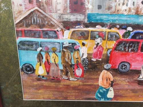 STUNNING ORIGINAL LARGE FRAMED KNOWN ARTIST DITABA ELIAS SEWAPE (BORN 1946) TOWNSHIP SCENE PAINTING