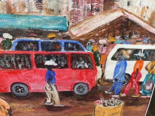 STUNNING ORIGINAL LARGE FRAMED KNOWN ARTIST DITABA ELIAS SEWAPE (BORN 1946) TOWNSHIP SCENE PAINTING