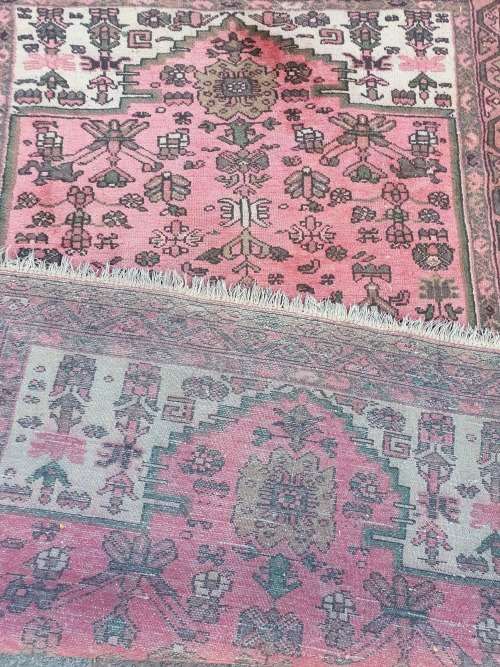 HAND KNOTTED PERSIAN HAMADAN RUG. GEOMETRIC FLORAL PINK  BROWN BEIGE TONES