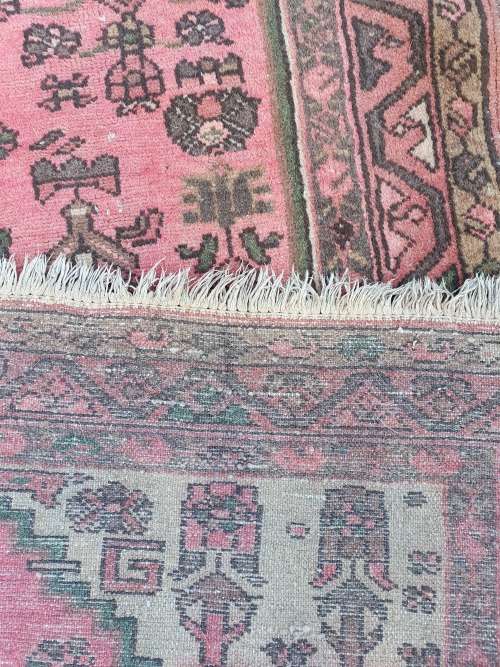 HAND KNOTTED PERSIAN HAMADAN RUG. GEOMETRIC FLORAL PINK  BROWN BEIGE TONES