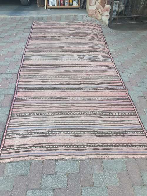 VINTAGE HAND MADE PERSIAN SOUMAK KILIM RUG WITH STRIPES 302CM BY 144CM