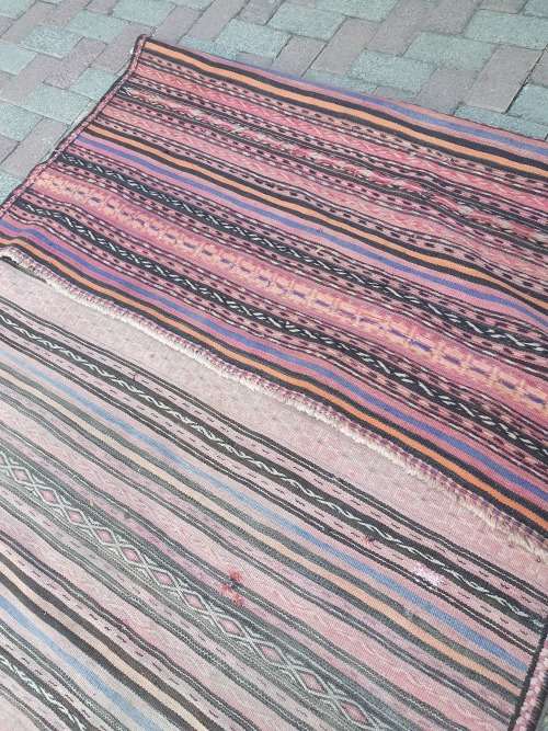 VINTAGE HAND MADE PERSIAN SOUMAK KILIM RUG WITH STRIPES 302CM BY 144CM