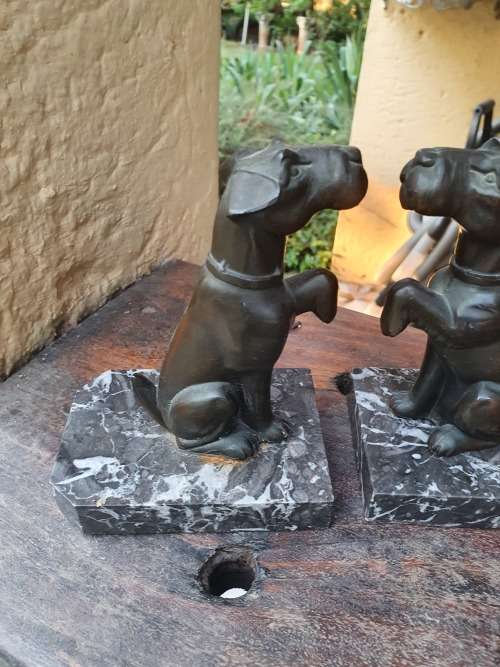 ART DECO? VINTAGE BRONZE OR SPELTER PAIR OF TERRIER DOG BOOKENDS ON MARBLE BASES