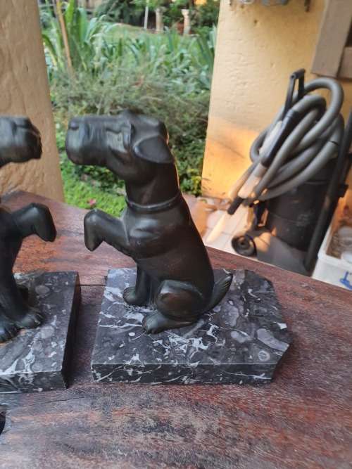 ART DECO? VINTAGE BRONZE OR SPELTER PAIR OF TERRIER DOG BOOKENDS ON MARBLE BASES