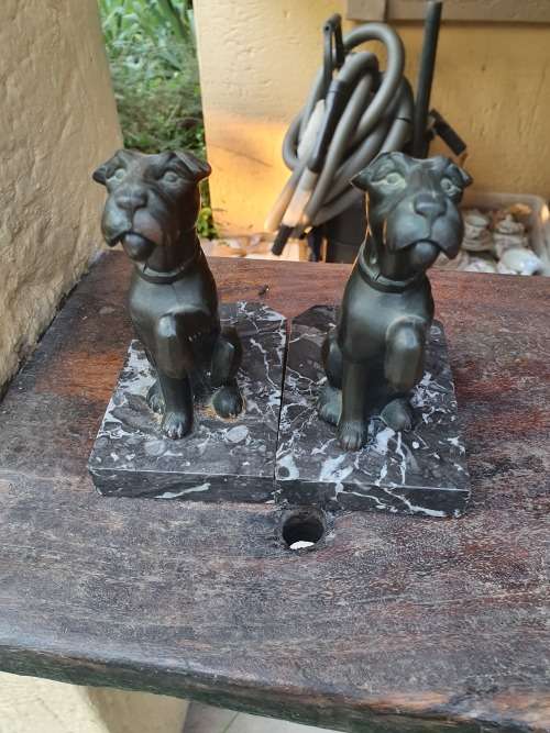 ART DECO? VINTAGE BRONZE OR SPELTER PAIR OF TERRIER DOG BOOKENDS ON MARBLE BASES