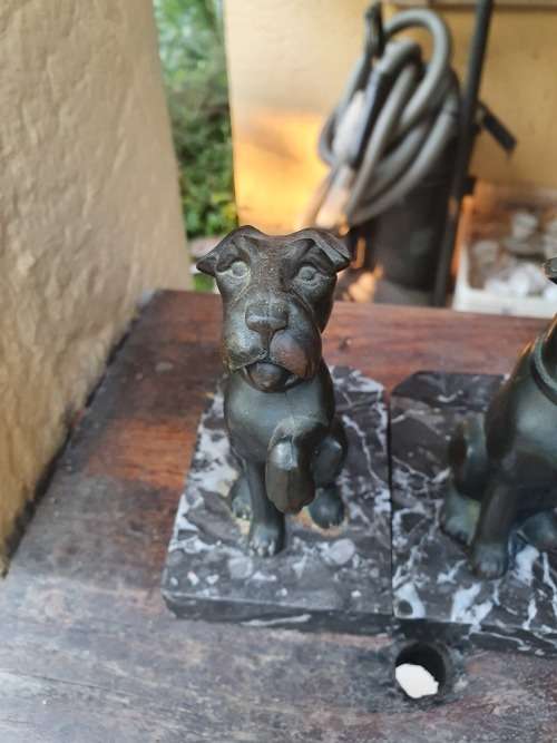 ART DECO? VINTAGE BRONZE OR SPELTER PAIR OF TERRIER DOG BOOKENDS ON MARBLE BASES