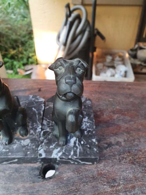 ART DECO? VINTAGE BRONZE OR SPELTER PAIR OF TERRIER DOG BOOKENDS ON MARBLE BASES