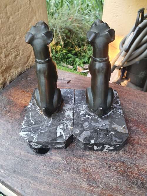 ART DECO? VINTAGE BRONZE OR SPELTER PAIR OF TERRIER DOG BOOKENDS ON MARBLE BASES