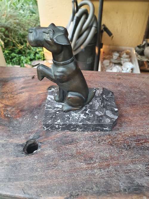 ART DECO? VINTAGE BRONZE OR SPELTER PAIR OF TERRIER DOG BOOKENDS ON MARBLE BASES