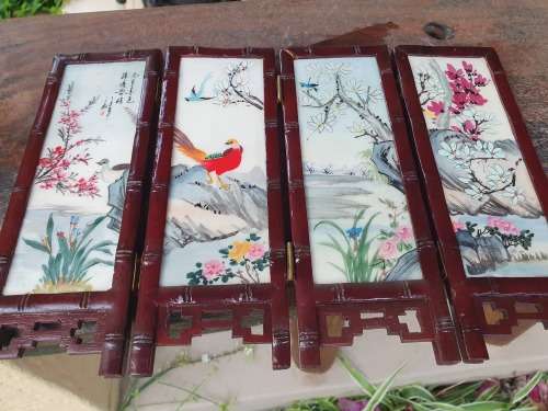 BEAUTIFUL HAND PAINTED ORIENTAL / CHINESE MINI TABLE SCREEN 8 DIFFERENT SCENES PANELS 4 BACK 4 FRONT