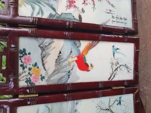 BEAUTIFUL HAND PAINTED ORIENTAL / CHINESE MINI TABLE SCREEN 8 DIFFERENT SCENES PANELS 4 BACK 4 FRONT