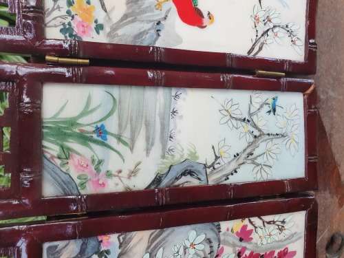 BEAUTIFUL HAND PAINTED ORIENTAL / CHINESE MINI TABLE SCREEN 8 DIFFERENT SCENES PANELS 4 BACK 4 FRONT