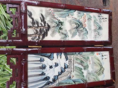 BEAUTIFUL HAND PAINTED ORIENTAL / CHINESE MINI TABLE SCREEN 8 DIFFERENT SCENES PANELS 4 BACK 4 FRONT