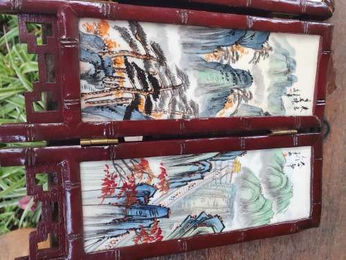 BEAUTIFUL HAND PAINTED ORIENTAL / CHINESE MINI TABLE SCREEN 8 DIFFERENT SCENES PANELS 4 BACK 4 FRONT