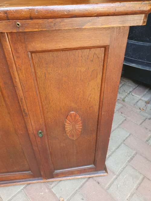 VINTAGE WOOD ETC SEWING CABINET WITH SOME FRONTAL RELIEF DETAIL
