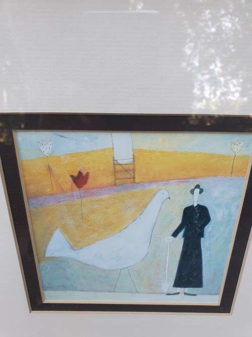 3RD OF THE DELIGHTFUL GILT FRAMED FUN PRINTS MAN AND BIG DOVE BIRD