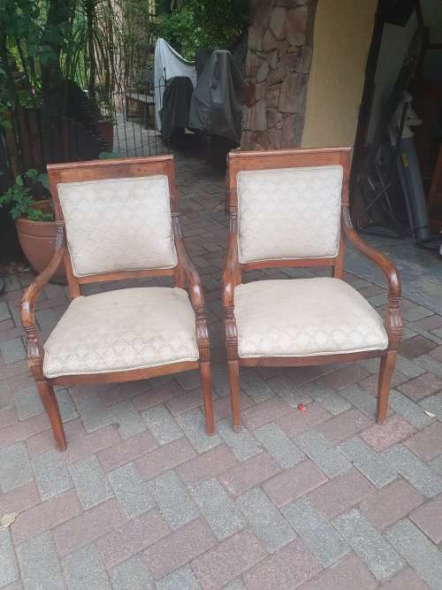 VINTAGE PAIR OF MATCHING WETHERLYS OCCASIONAL CHAIRS, CARVED  WOOD and UPHOLSTERY
