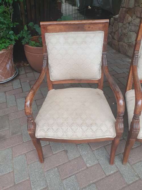 VINTAGE PAIR OF MATCHING WETHERLYS OCCASIONAL CHAIRS, CARVED  WOOD and UPHOLSTERY