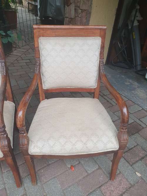 VINTAGE PAIR OF MATCHING WETHERLYS OCCASIONAL CHAIRS, CARVED  WOOD and UPHOLSTERY