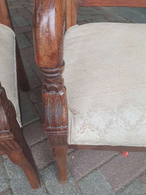 VINTAGE PAIR OF MATCHING WETHERLYS OCCASIONAL CHAIRS, CARVED  WOOD and UPHOLSTERY