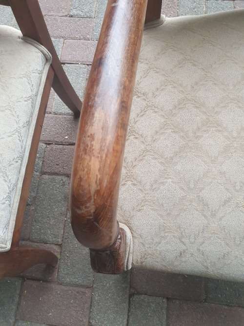 VINTAGE PAIR OF MATCHING WETHERLYS OCCASIONAL CHAIRS, CARVED  WOOD and UPHOLSTERY
