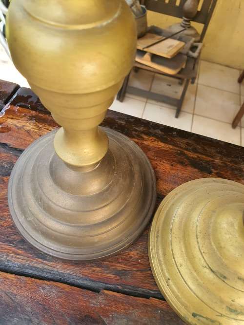 PAIR TALL BRASS CANDLE STICK HOLDERS WITH DETAIL COULD BE CONVERTED TO LAMP BASES?
