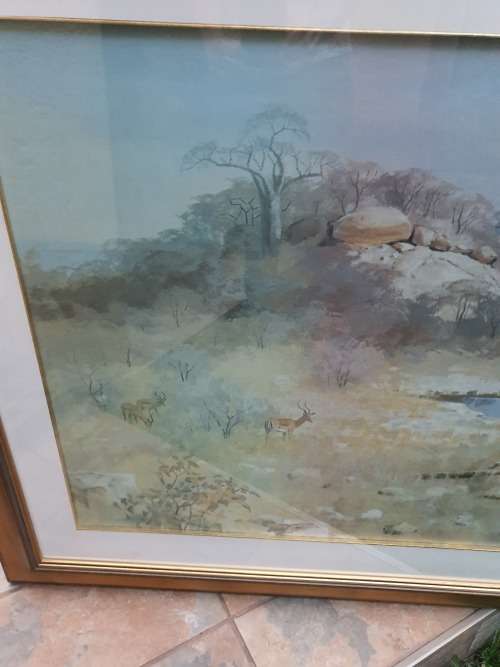 Very large framed gilt wood framed wildlife print impala etc