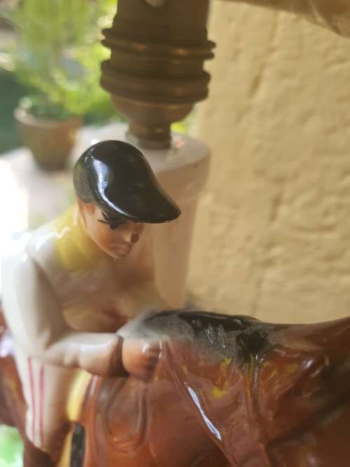 Very cute ceramic horse and rider lamp base plus shade working