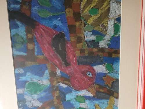 Vintage and colourful framed art work by a child of a bird