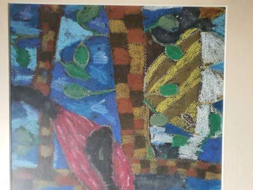 Vintage and colourful framed art work by a child of a bird