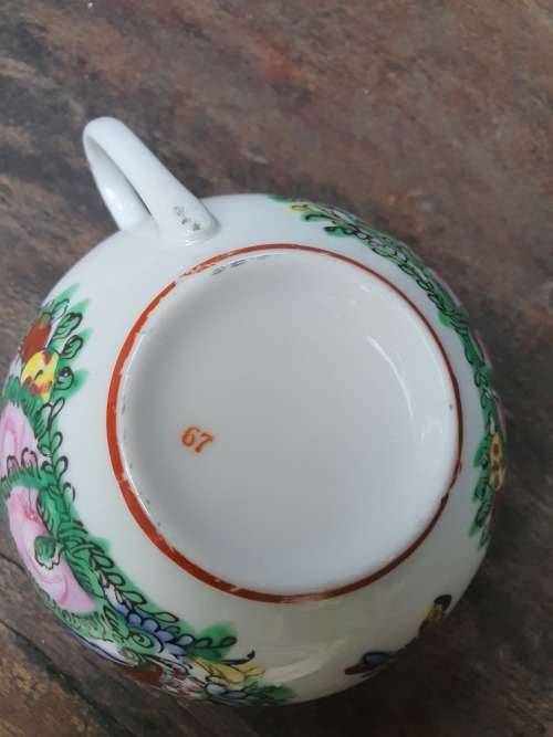 Vintage Lovely hand painted oriental (Chinese) Famille Rose tea trio