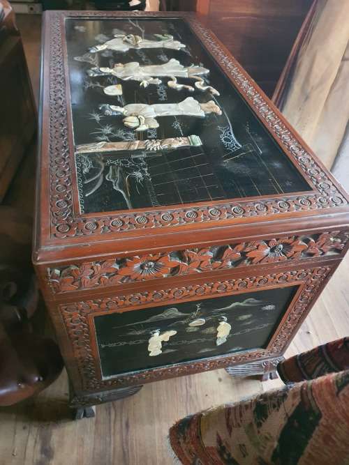Vintage Chinese or carved and relief decor mother of pearl and hand painted large camphor kist