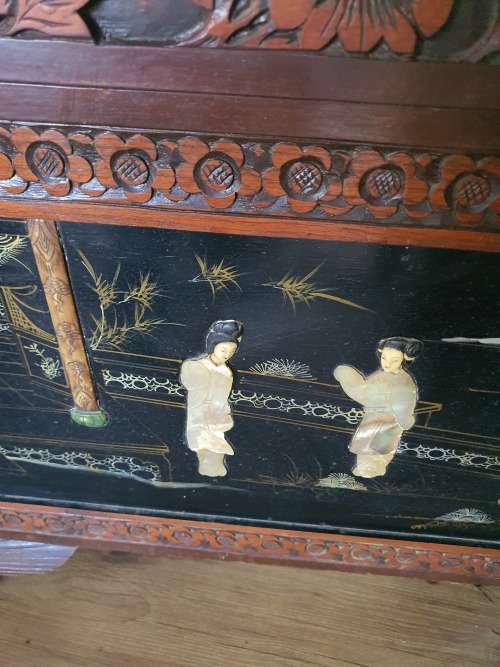 Vintage Chinese or carved and relief decor mother of pearl and hand painted large camphor kist