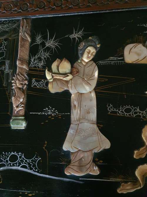 Vintage Chinese or carved and relief decor mother of pearl and hand painted large camphor kist