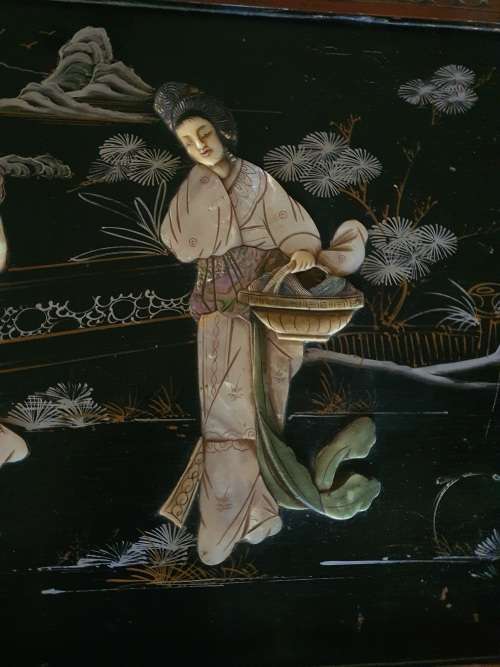 Vintage Chinese or carved and relief decor mother of pearl and hand painted large camphor kist