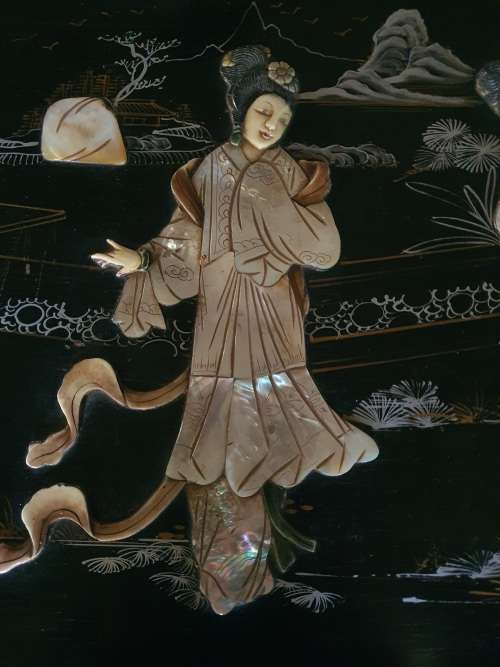 Vintage Chinese or carved and relief decor mother of pearl and hand painted large camphor kist