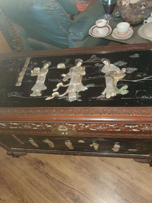 Vintage Chinese or carved and relief decor mother of pearl and hand painted large camphor kist